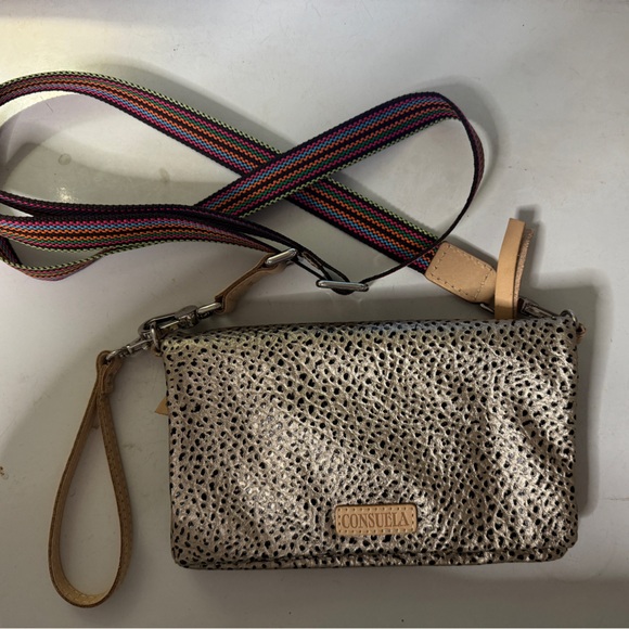 Consuela Handbags - Consuela Metallic Silver Leopard Crossbody with Rainbow Woven Strap and Tan Trim